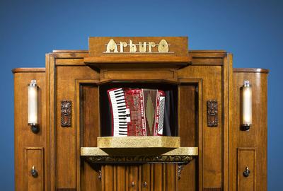 This Arburo Orchestrion revolutionized the automated music industry by utilizing stand-alone instruments in its ingenious mechanism.  Each was special ordered and made entirely by hand.  