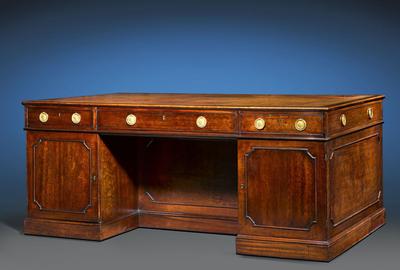 This incredibly rare pedestal desk bears numerous characteristics that suggest its creation by Thomas Chippendale himself.