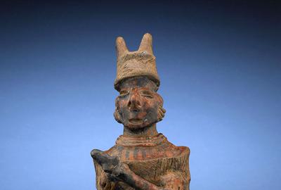 This incredible Nayarit Warrior Figure represents a highly respected chieftain, as indicated by the horns, staff and seated posture.  