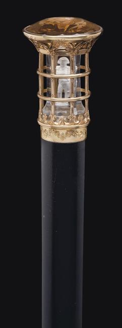 A FRENCH TOPAZ, YELLOW GOLD, AND ACID ETCHED ROCK CRYSTAL CANE, estimate: $5,000-8,000 