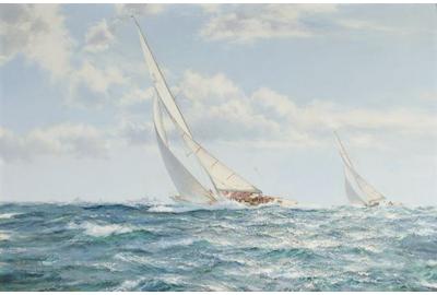 Montague J.  Dawson (1895-1973) The America's Cup Race 1962, Weatherly and Gretel, Oil on canvas.