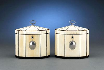 This extraordinary pair of George III period tea caddies are enveloped in ivory, with tortoiseshell and sterling silver trim and mounts.  Circa 1790.