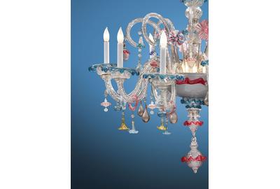 Brilliant color and delicacy inform this rare Venetian Murano glass chandelier