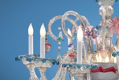 Brilliant color and delicacy inform this rare Venetian Murano glass chandelier