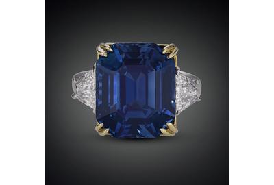 Immense rarity and beauty define this awe-inspiring untreated 18.50-carat Kashmir sapphire.  This emerald-cut natural wonder is accompanied by 1.30 carats of diamonds and set in platinum and 22K yellow gold.