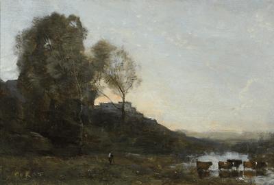 With its luminous palette and feathery brushstrokes, "Le Gué aux Cinq Vaches" is exemplary of Corot's mature style.  Oil on canvas.  Signed "Corot", circa 1865