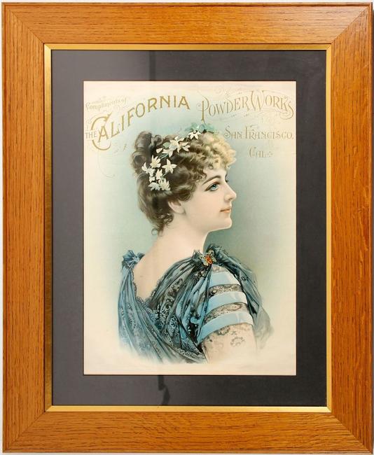 Circa 1885 oak-framed chromo-litho poster for the California Powder Works, the first U.S.  explosive powder making company west of the Rockies ($6,000).  