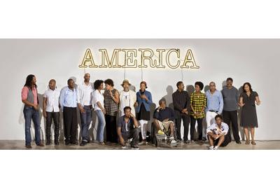 30 Americans Artists, December 5, 2008.  Left to right: Rashid Johnson, Nick Cave, Kalup Linzy, Jeff Sonhouse, Lorna Simpson, Carrie Mae Weems, Barkley L.  Hendricks, Hank Willis Thomas (front row), Xaviera Simmons, Purvis Young, John Bankston, Nina Chanel Abney, Henry Taylor, Mickalene Thomas (front row), Kerry James Marshall, and Shinique Smith.  Photo Kwaku Alston