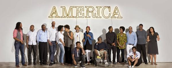 30 Americans Artists, December 5, 2008.  Left to right: Rashid Johnson, Nick Cave, Kalup Linzy, Jeff Sonhouse, Lorna Simpson, Carrie Mae Weems, Barkley L.  Hendricks, Hank Willis Thomas (front row), Xaviera Simmons, Purvis Young, John Bankston, Nina Chanel Abney, Henry Taylor, Mickalene Thomas (front row), Kerry James Marshall, and Shinique Smith.  Photo Kwaku Alston