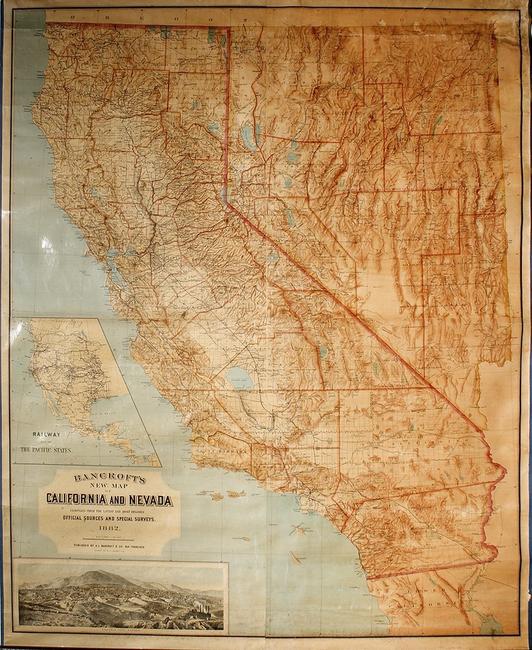 Multi-colored map of California and Nevada, with Virginia City insert, published by A,L.  Bancroft & Co., San Francisco ($2,783).