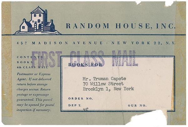 Envelope from Random House to Truman Capote.