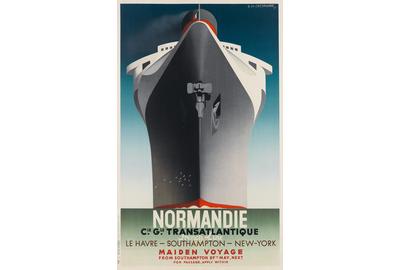 Lot 33: Adolphe Mouron Cassandre, Normandie / Maiden Voyage, 1935.  Sold October 26, 2017 for $20,000.  (Pre-sale estimate: $15,000 to $20,000)