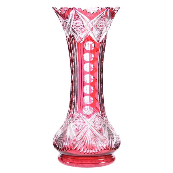 Cranberry cut to clear vase in the Iris pattern by Clark, 18 inches tall, boasting fantastic color and a large hobstar base.