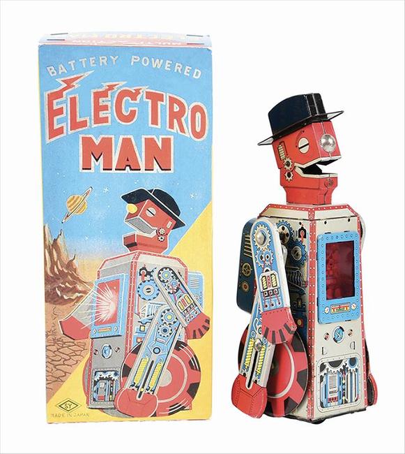 Ultra-rare circa-1950s battery-operated tin-litho ‘Electro Man’ toy robot with original box.  Marked ‘SY Made in Japan.’ One of very few known examples.  Provenance: F.H.  Griffith collection, appeared as the cover toy on Sotheby’s catalog for the Dec.  9, 2000 auction of ‘Important Robots and Antique Toys from the Estate of F.H.  Griffith.’ Estimate $100,000-$150,000