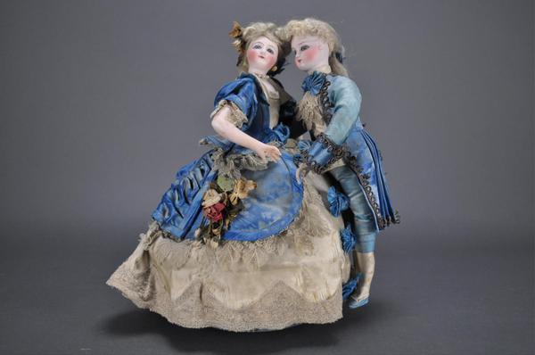 Circa-1880 luxury automaton The Waltzing Couple, Gustav Vichy, bisque heads, blue glass eyes, painted facial features.  Estimate $3,000-$5,000