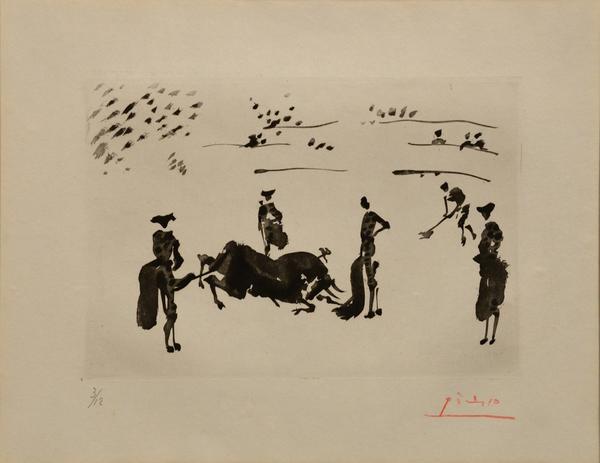 One of several aquatints by Pablo Picasso -- rare examples from an original set of 12 copies (#3 of 12), of La Tauromaquia: Muerte del Toro, hand-signed and numbered by Picasso.