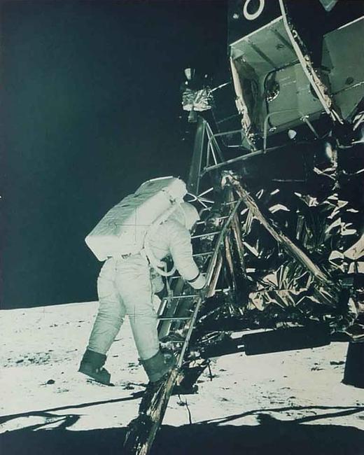 Apollo 11 Astronaut Edwin Aldrin descends Lunar Module to Walk on the Moon, July 20, 1969