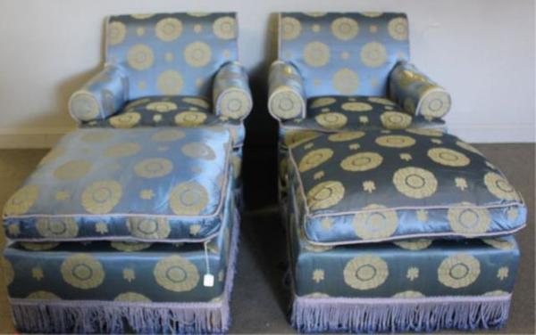 Upholstered Versace Collection Chairs with Ottomans.