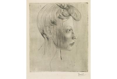 Lot 398: Pablo Picasso, Tête de femme, de profil, drypoint, 1905.  Estimate $80,000 to $120,000.