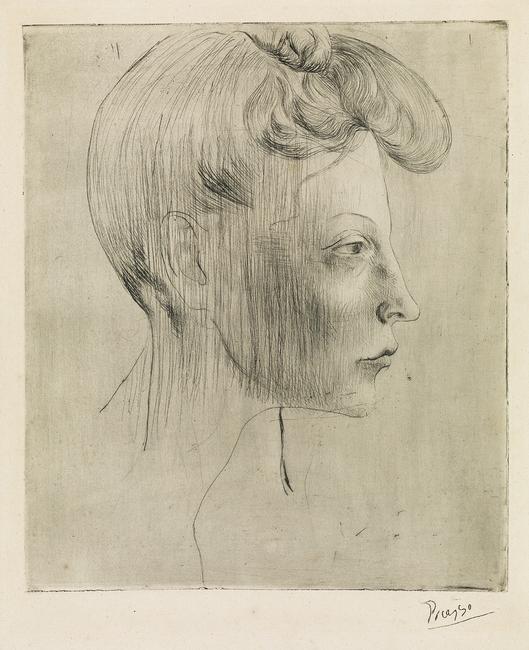 Lot 398: Pablo Picasso, Tête de femme, de profil, drypoint, 1905.  Estimate $80,000 to $120,000.