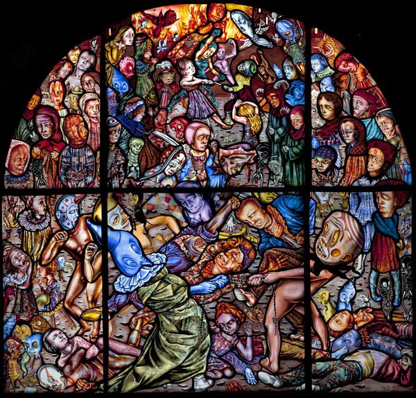 Image Credit: Judith Schaechter, The Battle of Carnival and Lent, 2010–11.  Stained-glass panel, 56 x 56 in., Memorial Art Gallery.