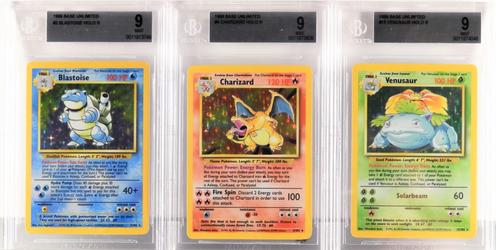 Group of three 1999 Pokémon Base Unlimited holographic trading cards – Blastoise, Charizard and Venusaur – all graded well at BGS 9 Mint.