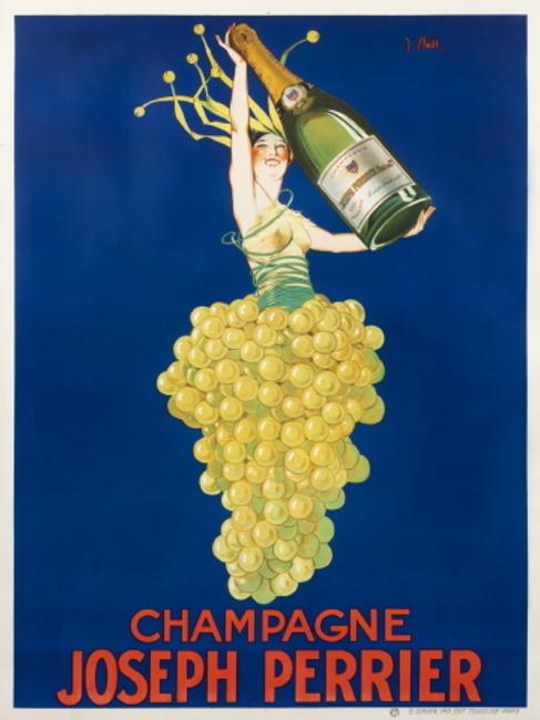 Joseph Stall, Champagne Joseph Perrier, 1920.  Stall’s fanciful “grape lady” expresses the fun that champagne brings to every occasion.  