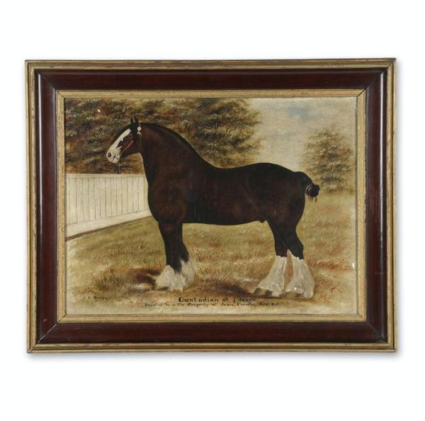 Oil on canvas painting of a horse by the Canadian photographer and painter J.  J.  Kenyon (Oxford County, 1862-1937), 23 ½ inches by 17 ½ inches (sight) (CA$11,800).