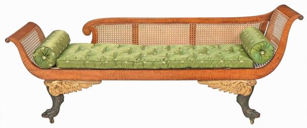 Tiger-maple Grecian sofa with a caned back and sides and verd antique and gilt feet