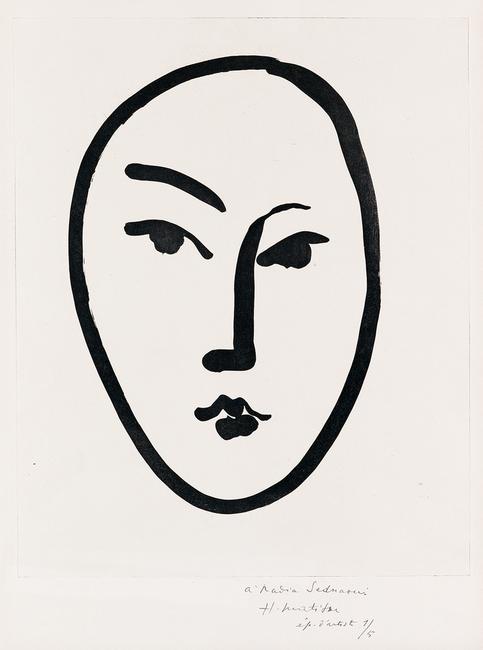 Lot 424: Henri Matisse, Grand Masque, aquatint, inscribed to model Nadia Sednaoui, 1948.  Sold May 8, 2018 for $87,500, a record for the work.  (Pre-sale estimate: $50,000 to $80,000)