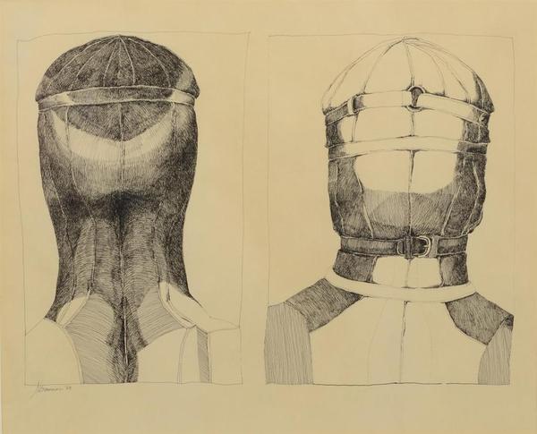 Lot 8409 Nancy Grossman (American, b 1940) ink on paper, Two Heads, signed and dated '68 lower left, 12-1/4" x 14-1/2" overall, Cordier & Ekstorm (New York) gallery label on verso , Property from the Estate of Daniel Dietrich, II 