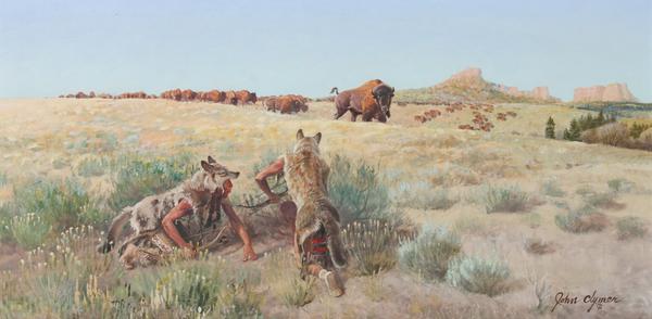 John Ford Clymer (American, 1907-1986) Stalking Buffalo oil on panel, 15 x 30 inches, pre-sale estimate $80,000 – 120,000, sold for $161,000.