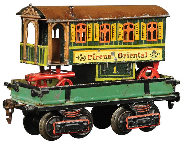 Circa-1908 Marklin ‘Circus Oriental’ train wagon, 8in long with exquisite detail, hand-painted shutters.  Estimate $20,000-$30,000