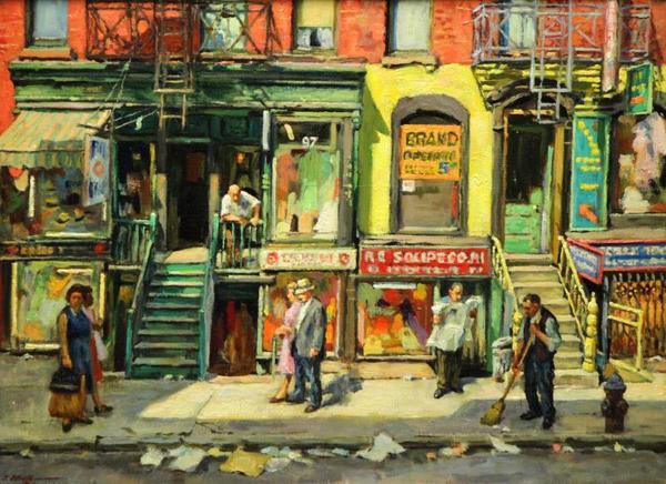 Lot 47 - "Sunday on Orchard St." 1 of 4 Oil Paintings by Issac Holtz in the 2/28 auction at Clarke.