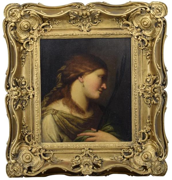 Oil on canvas portrait painting attributed to the Ludovico Carracci (Italian, 1555-1619), a female portrait to the neck with a twig in one hand, 17 ¼ inches by 14 ¾ inches (est.  $7,500-$12,500).