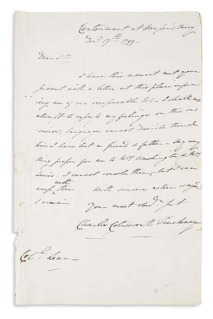 Lot 49: Charles Coatesworth Pinckney, Autograph Letter Signed, sending condolences after Washington’s death, Harper’s Ferry, 1799.  Sold June 21, 2018 for $16,250.  (Pre-sale estimate $7,000 to $10,000)