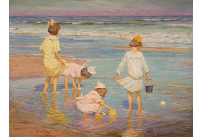 Lot 49: EDWARD HENRY POTTHAST, (American, 1857-1927), WADING, oil on board, 11 1/4 x 15 1/2 in., $30,000-50,000 