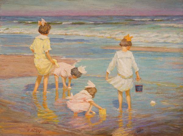 Lot 49: EDWARD HENRY POTTHAST, (American, 1857-1927), WADING, oil on board, 11 1/4 x 15 1/2 in., $30,000-50,000 