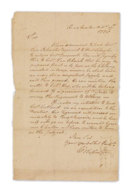 Lot 5: George Washington, Letter Signed, as Commander in Chief, planning the Sullivan Expedition, "Head Quarters," Fredericksburg, Virginia, 1778.  Estimate $25,000 to $35,000.