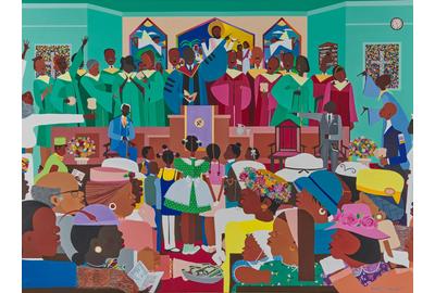 Lot 20.  Varnette P.  Honeywood, Jesus Loves Me, 1983, acrylic on canvas, 36 x 48 in., $10,000-20,000