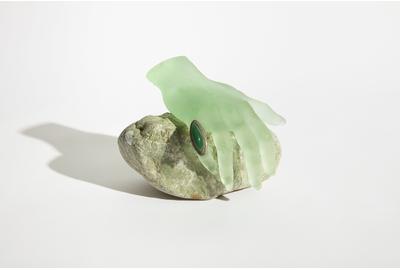 Kelly Akashi, Inheritance, 2021.  Poston stone, cast lead crystal, heirloom (grandmother's ring), 6 x 8 x 6 inches.