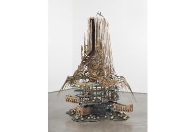 Diana Al-Hadid, "Candle Clock in the Citadel," 2017.  Modified polymer gypsum, fiberglass, brass, copper, steel, concrete, polyurethane foam, plaster, metal leaf, pigment, 117 x 90 x 73 inches.  San José Museum of Art Collection.  Museum purchase with funds provided by the Lipman Family Foundation, 2018.01.01.  Photo by Object Studies.  Courtesy of the artist.  © Diana Al-Hadid.