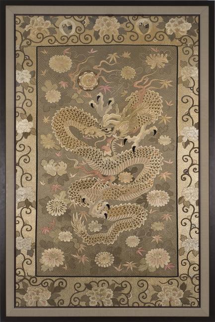 "Dragon and Flaming Pearl".  Japan, Meiji period, Silk thread embroidery, 96 x 60 in.