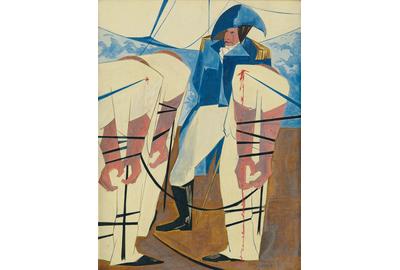 Lot 55: Jacob Lawrence, 19.  Tension on the High Seas, tempera on board, 1956.  Estimate $75,000 to $100,000.