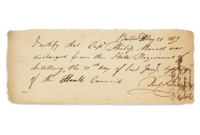 Lot 55: Paul Revere, Autograph Document Signed, certifying the discharge of a captain from his regiment, 1779.  Estimate $12,000 to $18,000.