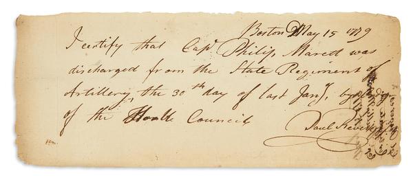 Lot 55: Paul Revere, Autograph Document Signed, certifying the discharge of a captain from his regiment, 1779.  Estimate $12,000 to $18,000.