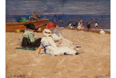 Edward Potthast (1857-1927), Ladies in White Dress, ca 1910-20s.  Oil on Panel, 8.5 x 11.5, signed lower left E:Potthast.  