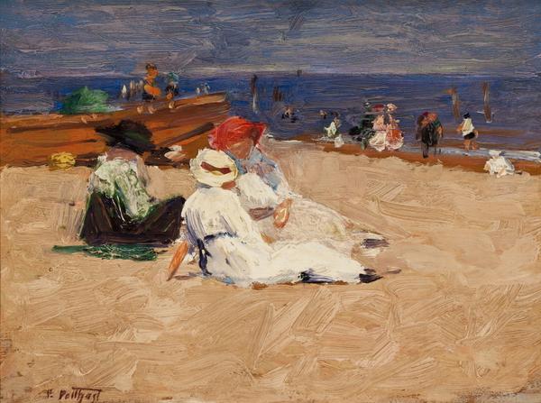 Edward Potthast (1857-1927), Ladies in White Dress, ca 1910-20s.  Oil on Panel, 8.5 x 11.5, signed lower left E:Potthast.  