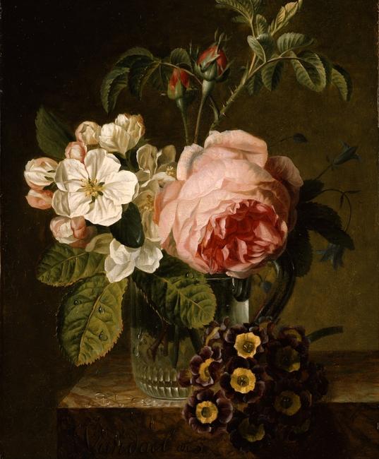 Jan Frans van Dael (1764-1840) Flowers in a Glass Vase on a Ledge, 1793.  Oil on panel, 28 x 21 cm.  Deborah Gage (Works of Art)