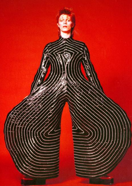 Striped bodysuit for Aladdin Sane tour, 1973.  Sukita.  © The David Bowie Archive.